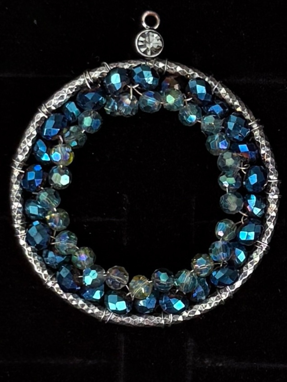Vintage Blue Crystal Circle Pendant + free cord necklace